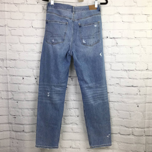 American Eagle Mom Jean Light Wash Distressed Blown Out Knees High Rise Skinny 6 - Picture 4 of 12